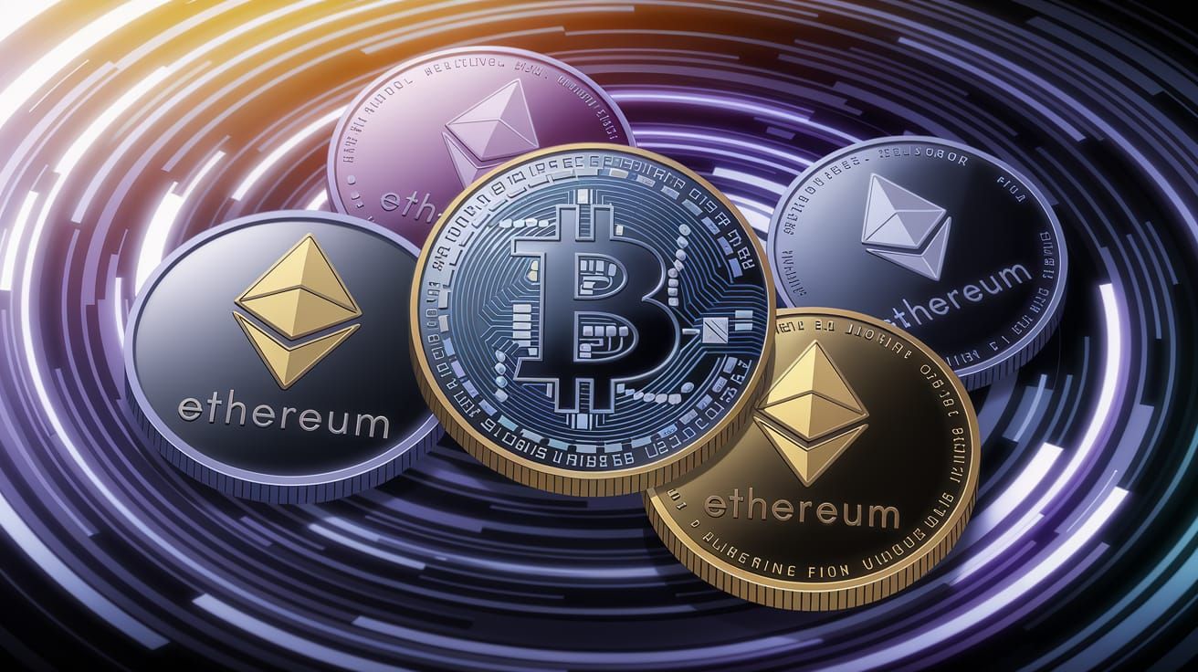 Cryptocurrency Coins in Vibrant Digital Art