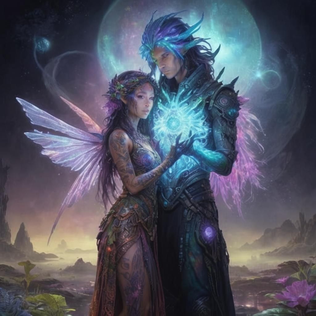 Alien Fairy Couple in Extraterrestrial Swamp, Ethereal Conce...