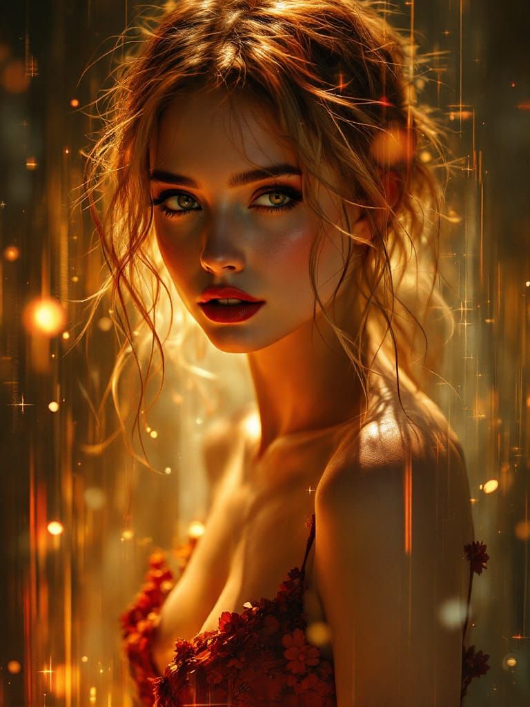Pin-Up Woman in Luminous Amber Haze, Zorn & Monks Style