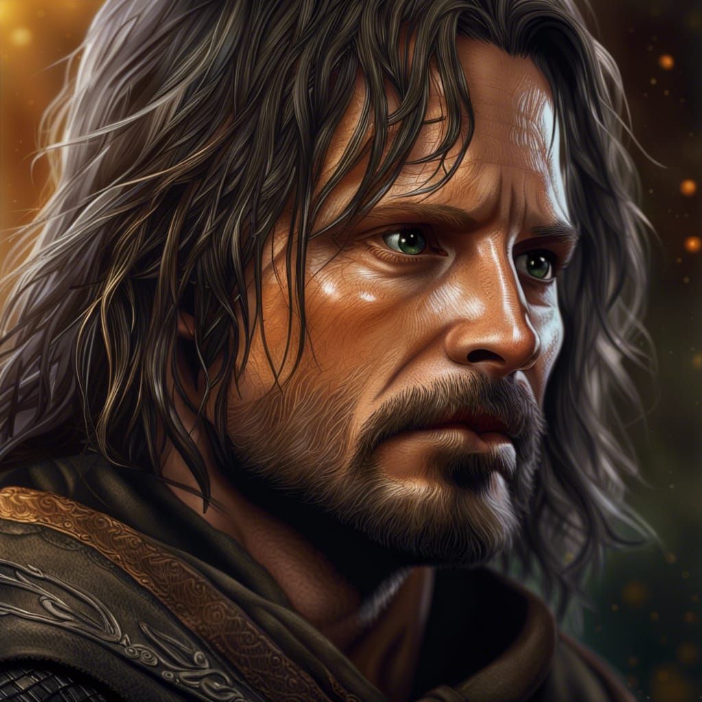 Hyperrealistic Portrait of Aragorn with Detailed Background