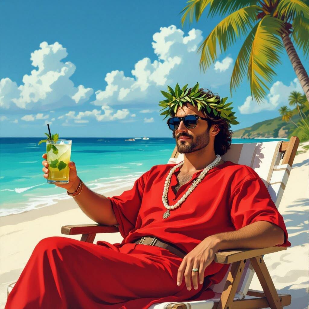 Dante on a Tropical Beach in Post-Impressionist Style