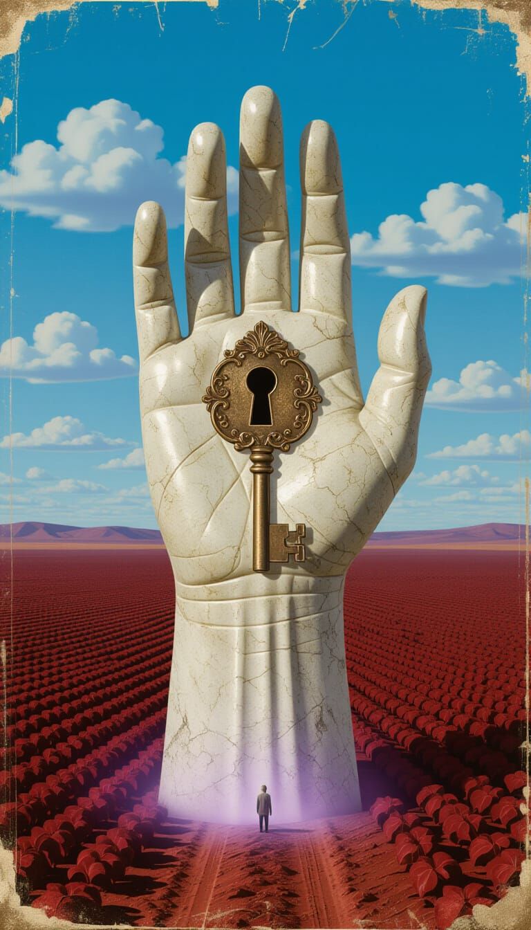 Giant Hand Emerges from Arid Land with Victorian Key