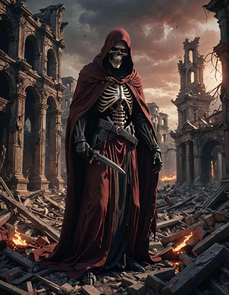 Grim Reaper in Apocalyptic City Ruins