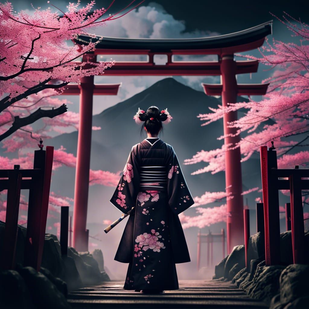 Geisha Serving Samurai with Sakura Trees, Digital Painting