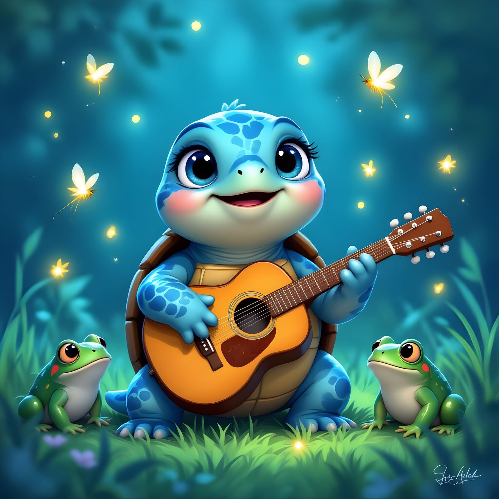 Charming Turtle Concert in Enchanting Blue Light
