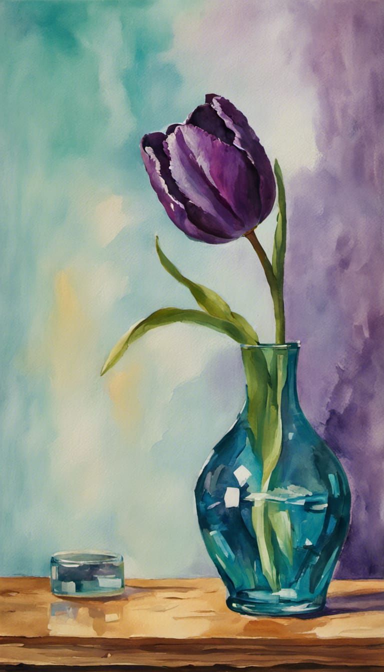 A Dark Purple Tulip, Glass Bud Vase Half filled with Water, Teal Watercolor Background, Wood Table