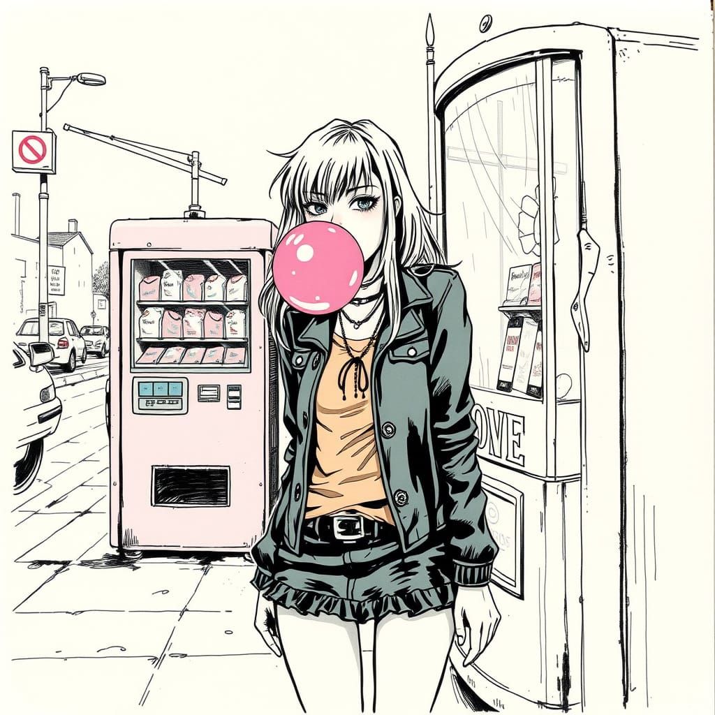 Goth Girl Blows Pink Bubblegum Bubble on City Sidewalk