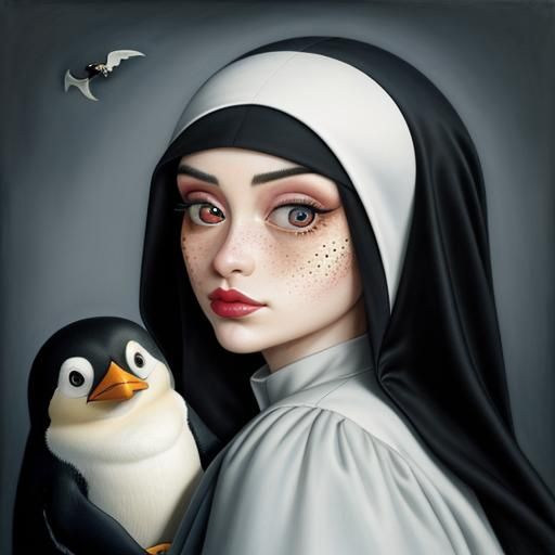 Surreal Nun with Enormous Eyes in Botero Style