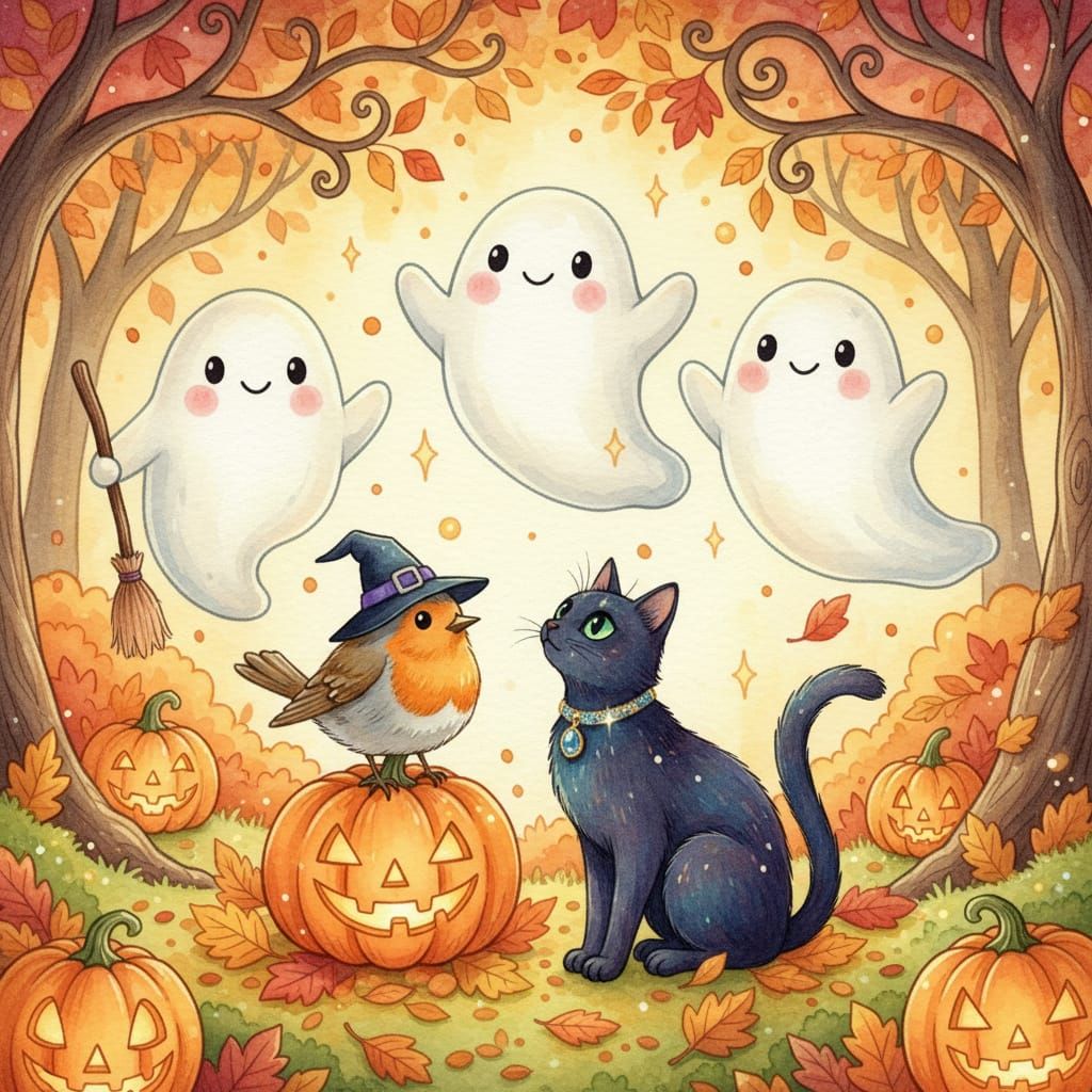 Whimsical Autumn Scene With Ghosts, Bird, And Cat