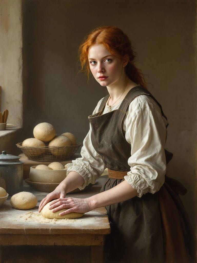 Redhead Baker in 1500s Kitchen, Hyperrealistic Texture