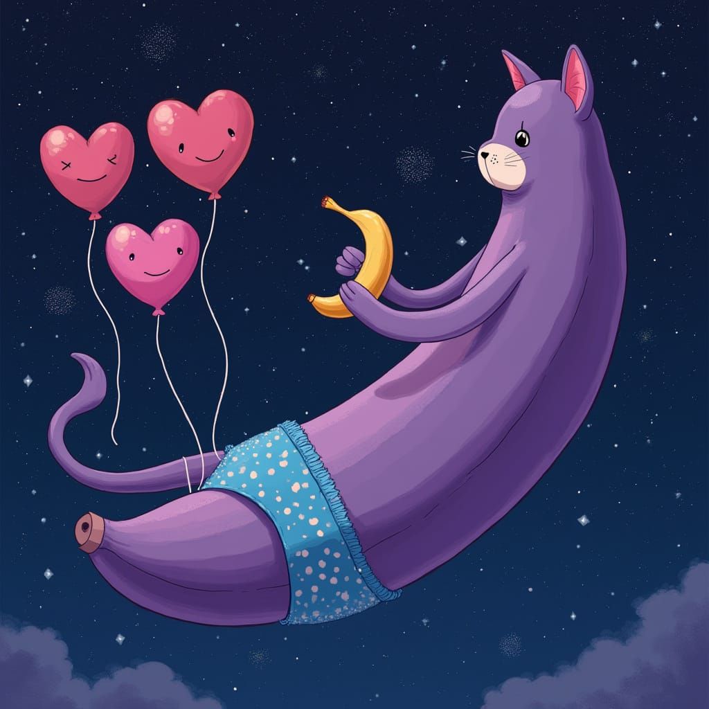 Surreal Banana Cat in Space, Whimsical Art Style