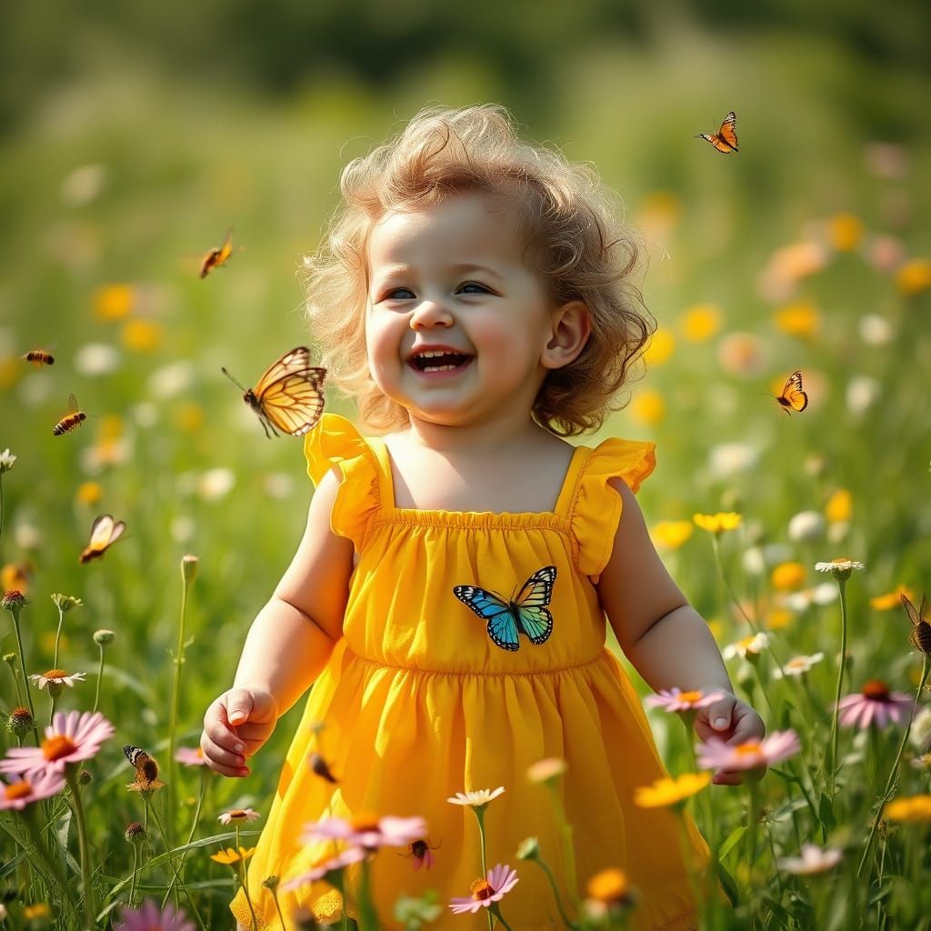Toddler's Joyful Chase: Iridescent Butterflies in Sunlit Mea...