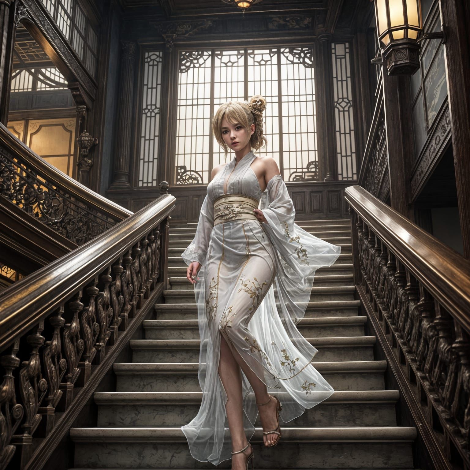 Ethereal Japanese Princess Ascends Golden Castle Staircase i...