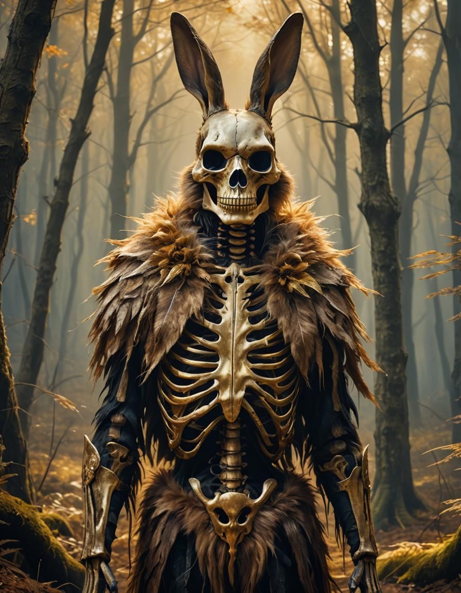 Harengon Rabbit Folk with Golden Skeleton Fur, Art Nouveau