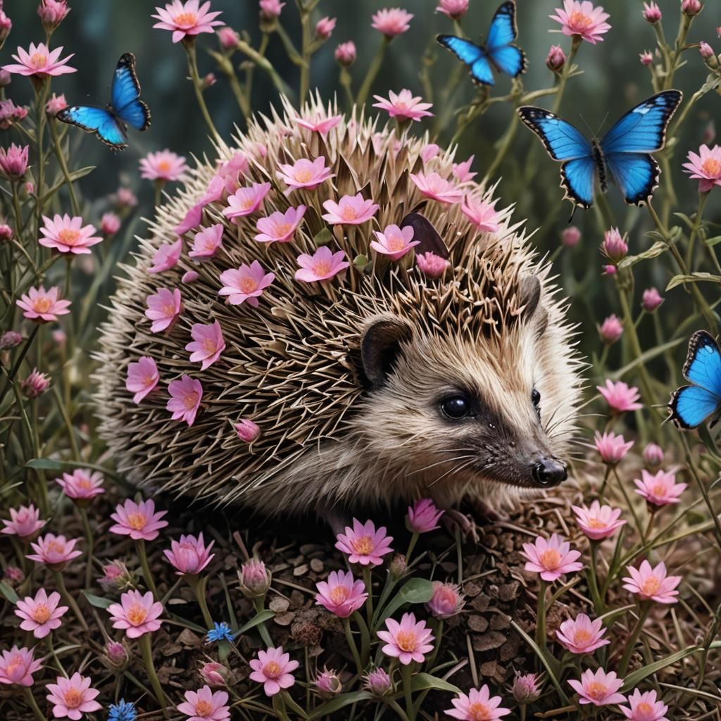 Hedgehog with Flowers and Butterfly