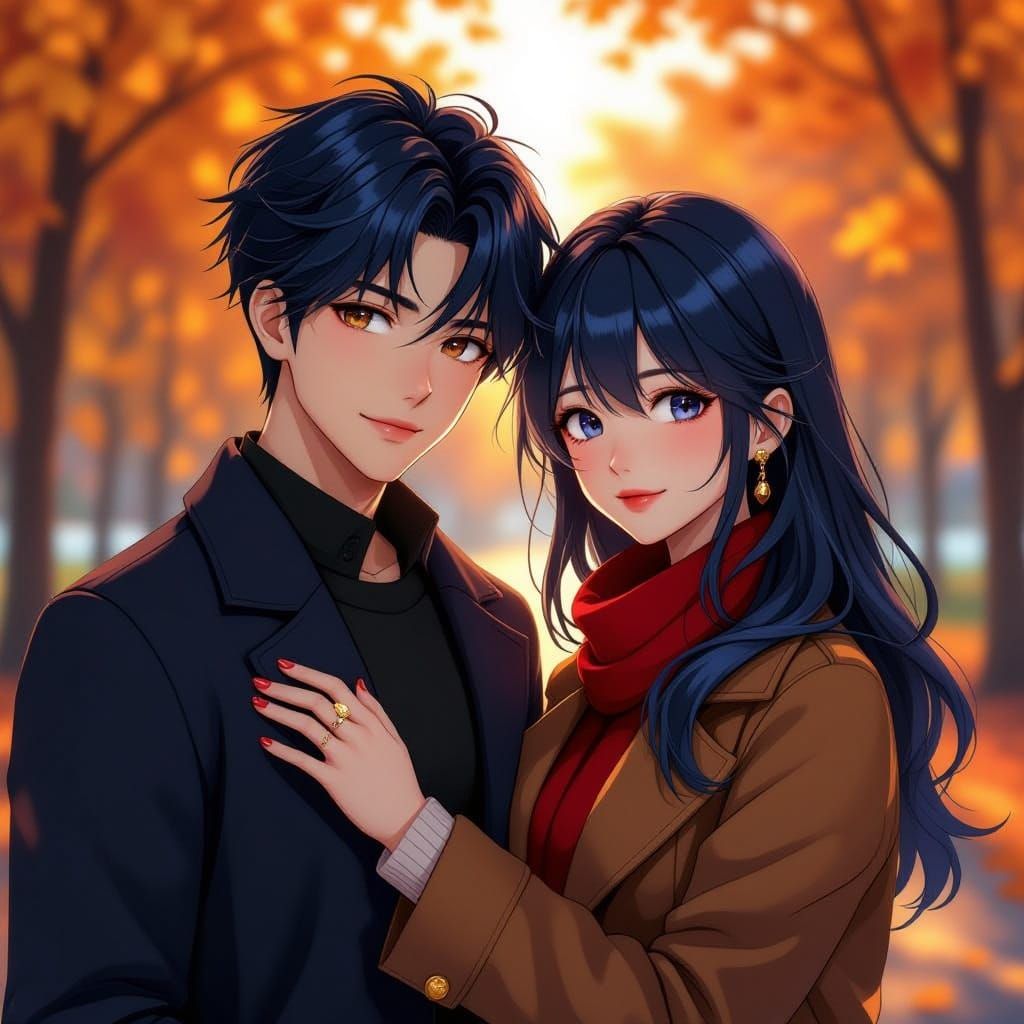 Couple in Autumn Mist: Blue Hair, Golden Hour