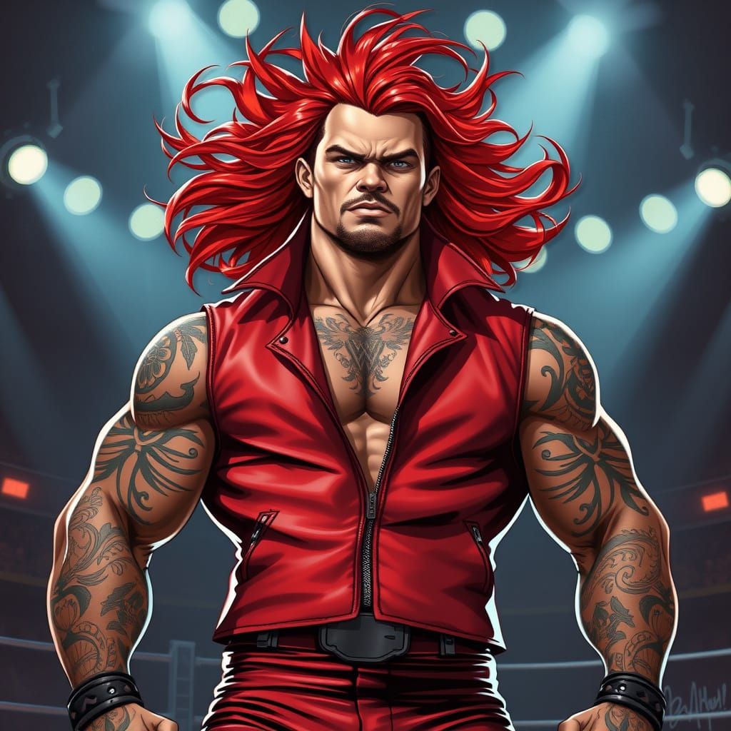 Dynamic Wrestler in Fiery Red Leather Outfit