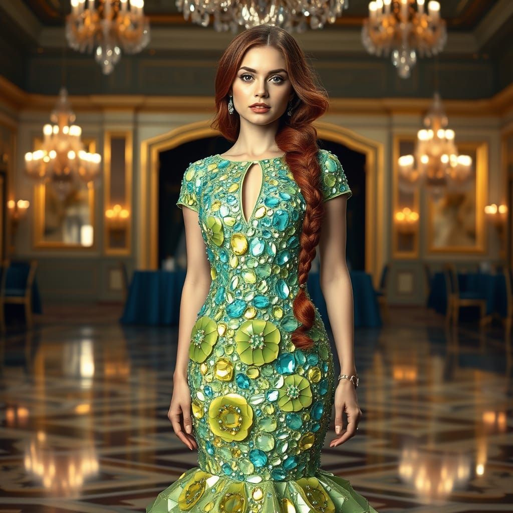 Elegant Woman in Crystal Geode-Inspired Mermaid Dress in Gra...