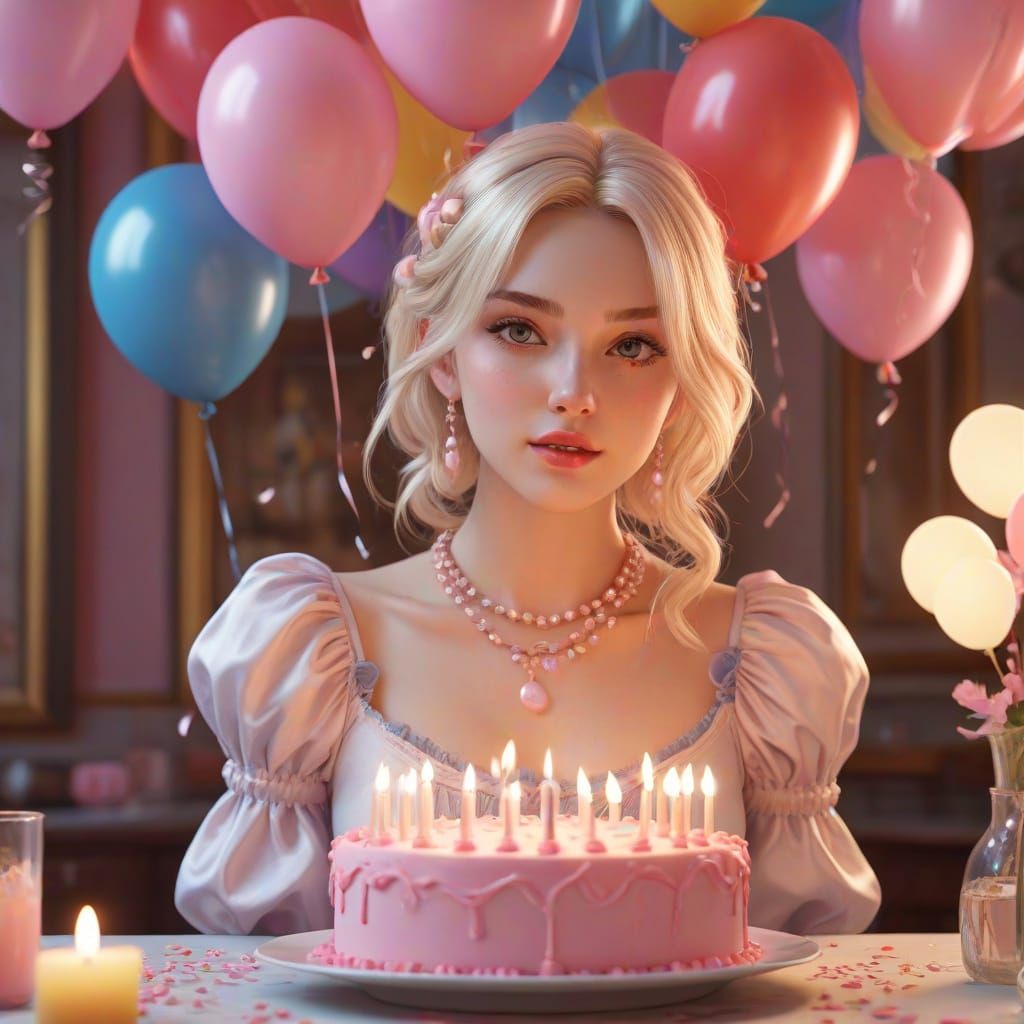 Anime Young Woman's Birthday with Cake and Candles