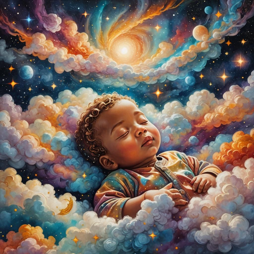 Celestial Baby Sleeping in Cosmic Cloudscape