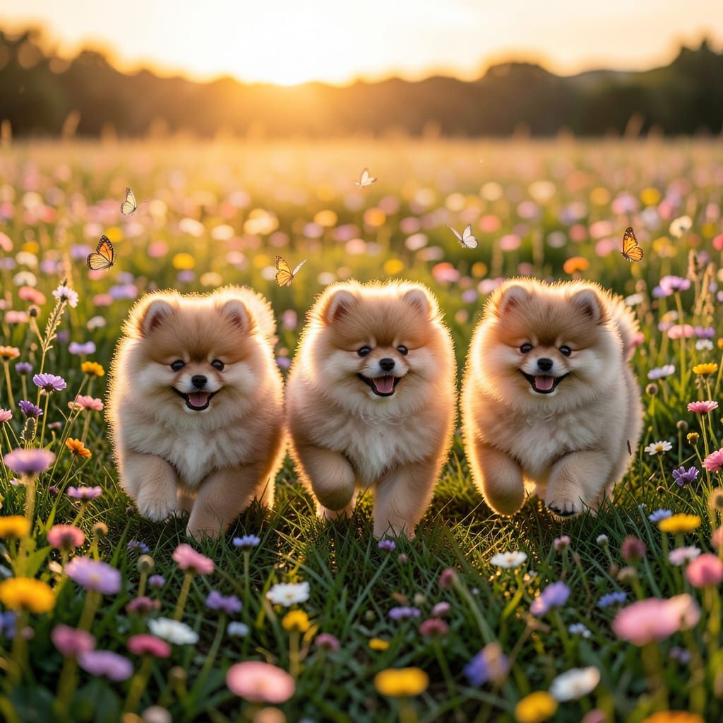 Pomeranian Puppies Play in Sunset Flower Meadow with Butterf...