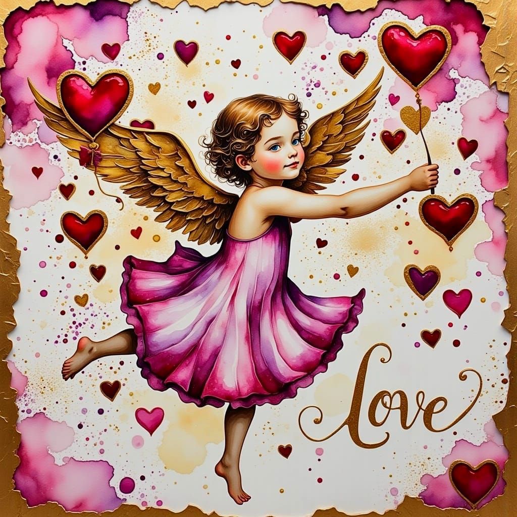 Whimsical Cupid Girl in Handwritten Ink