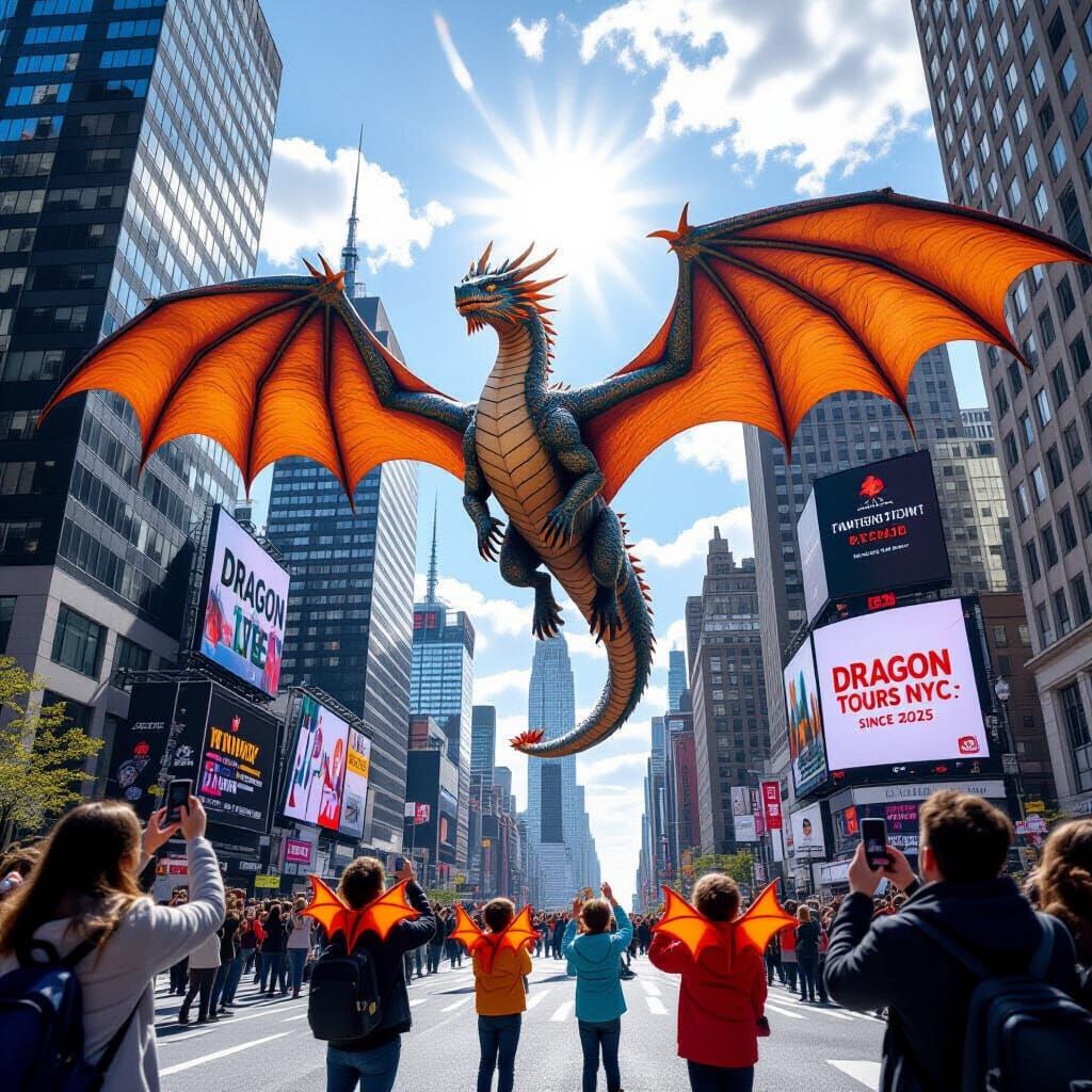 Massive Dragon Above Manhattan, Sunlight Reflecting Off Wing...