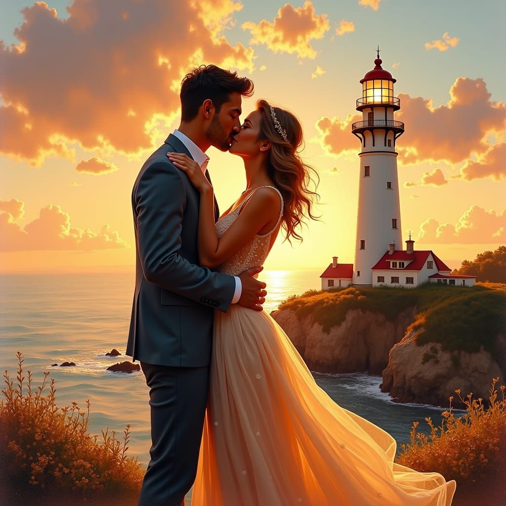 Romantic Lighthouse Kiss in Impressionist Style