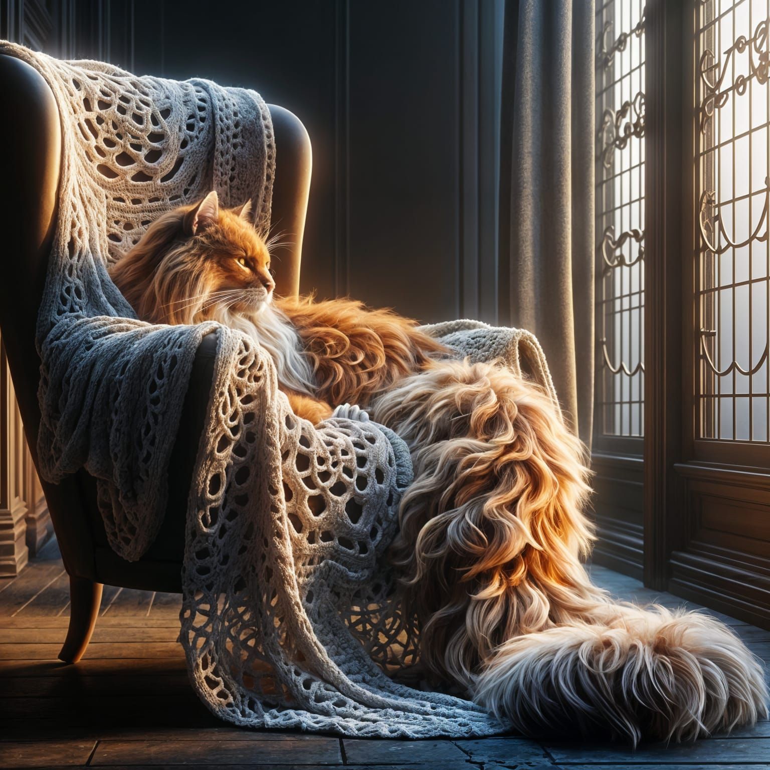 Orange Cat in Chair, Sunrise Hues, Concept Art