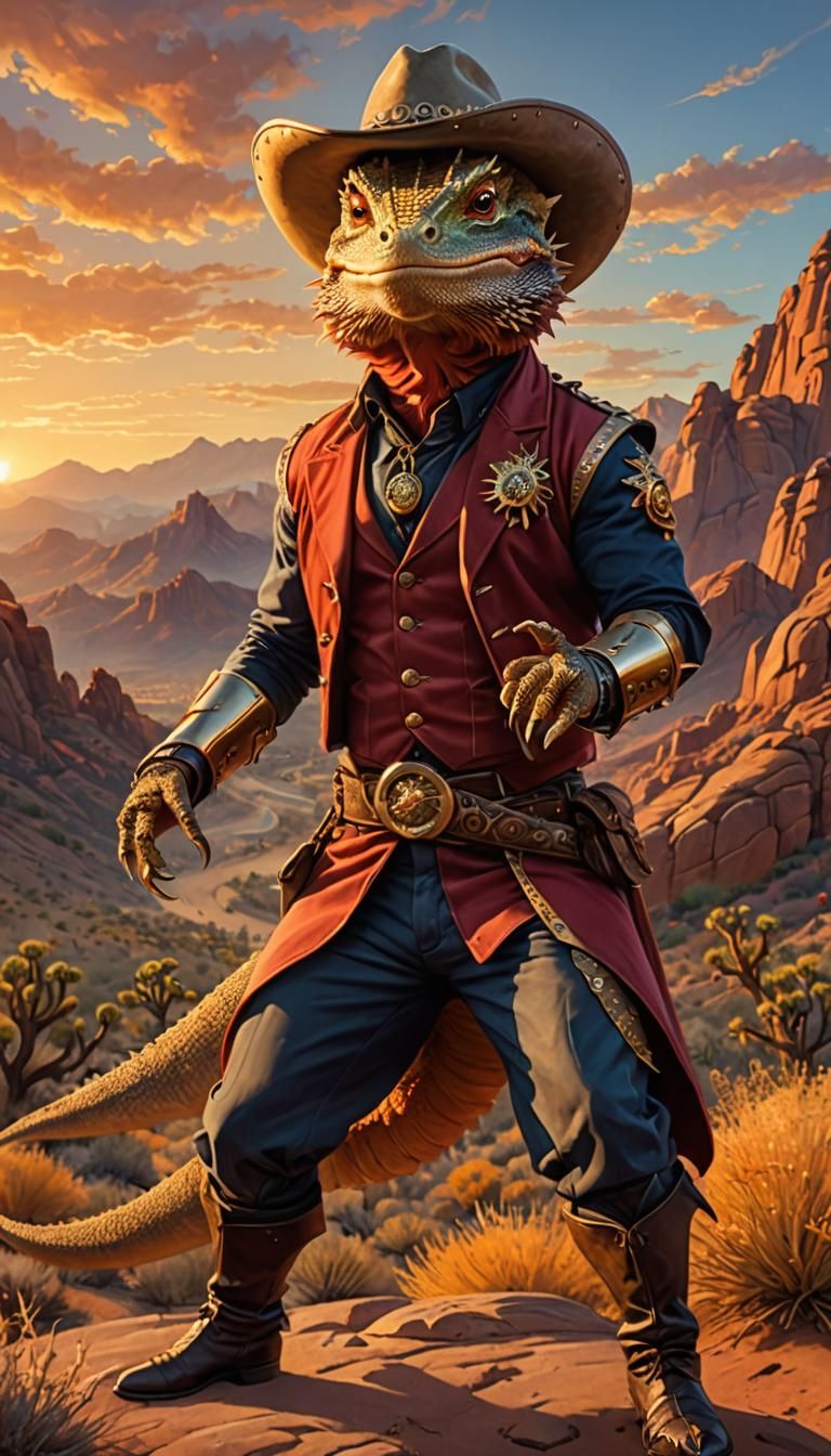 Steampunk Lizard Cowboy Portrait in Golden Light