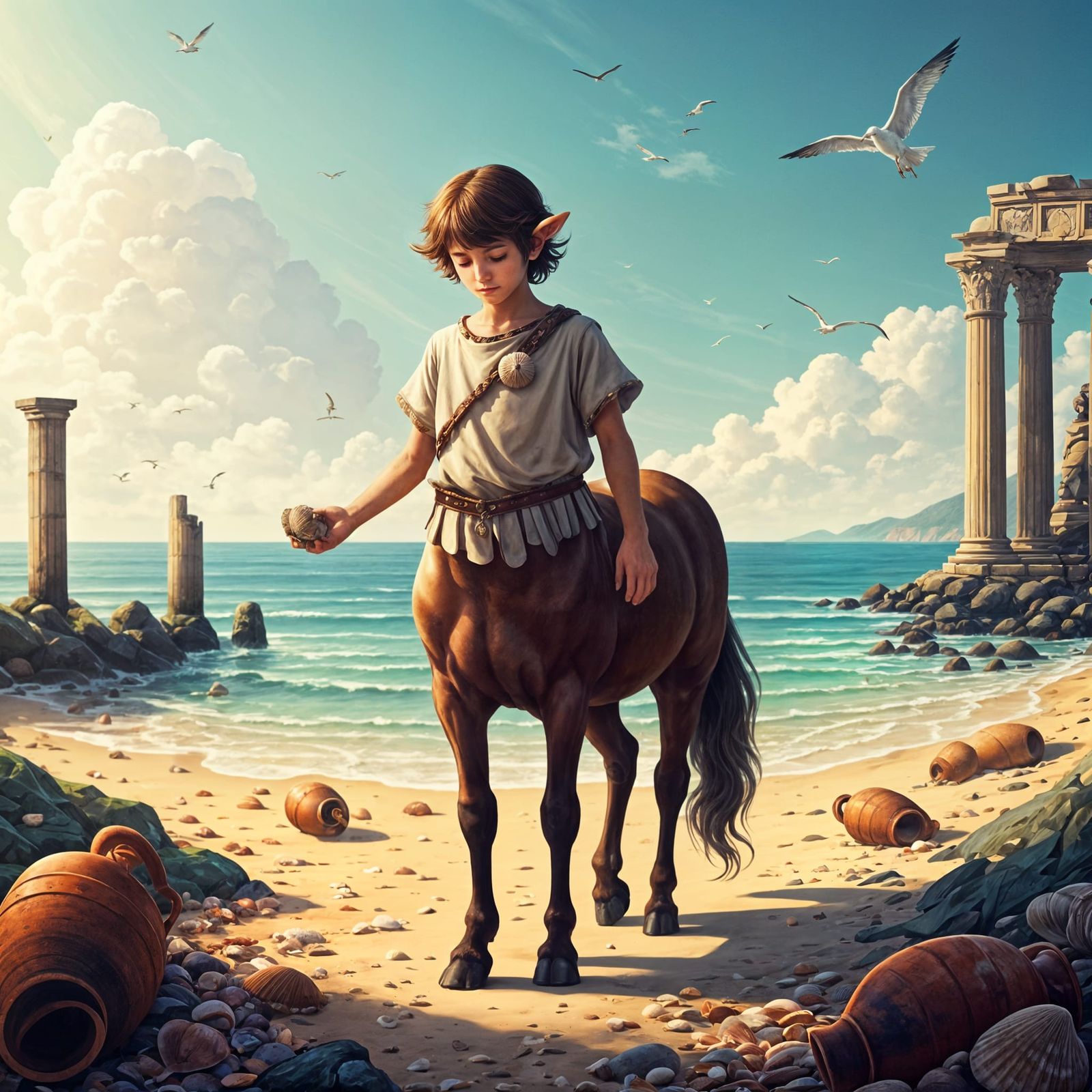 Centaur Boy Finds Treasure on Sunlit Shore