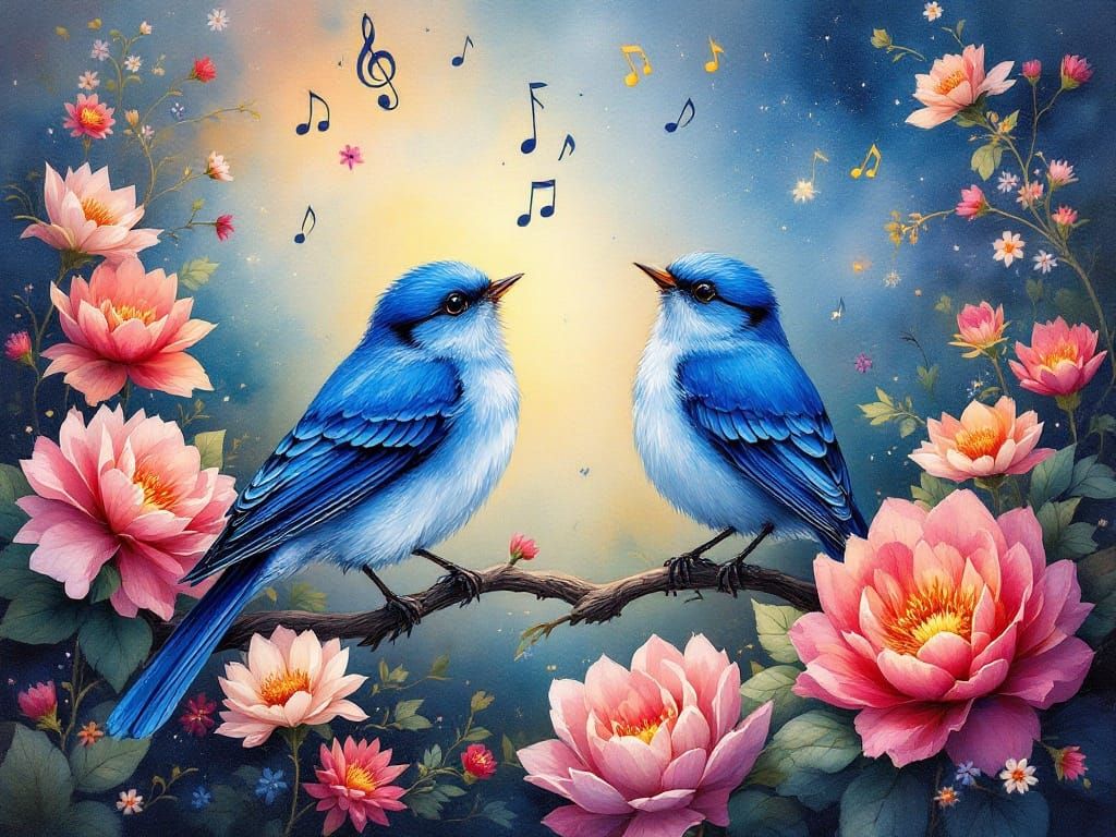 Vibrant Bluebirds Serenade in Enchanted Floral Realm