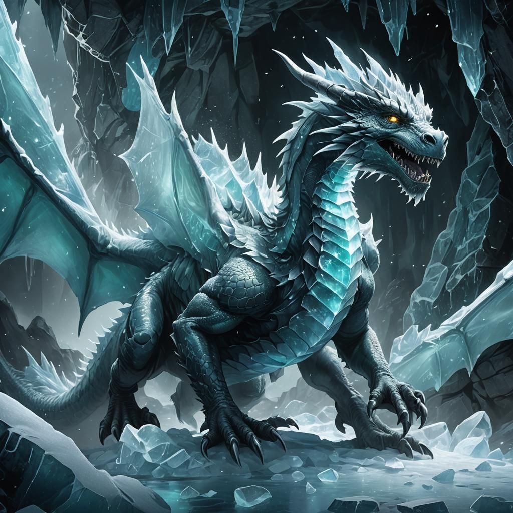 Icy Dragon in Frozen Cave: Digital Illustration