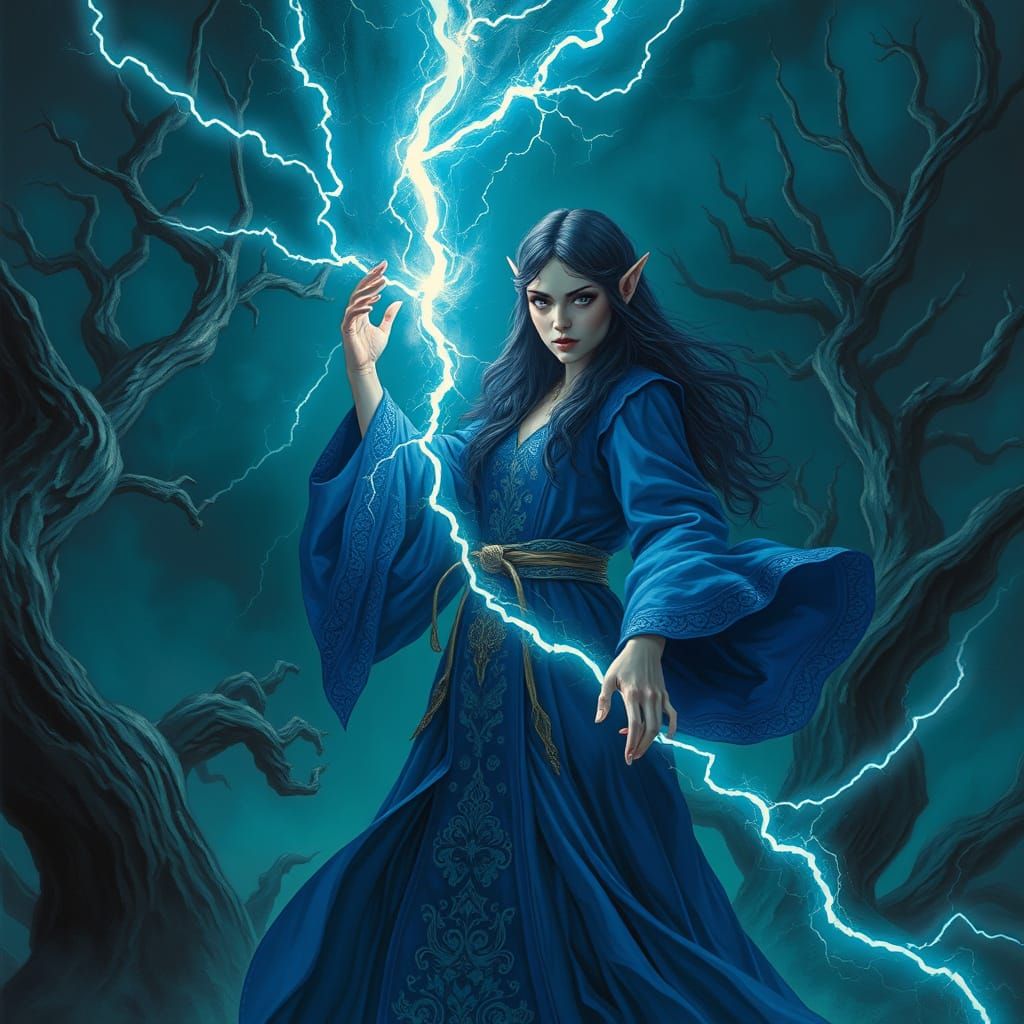 Regal Elf Wizard Unleashes Lightning Fury