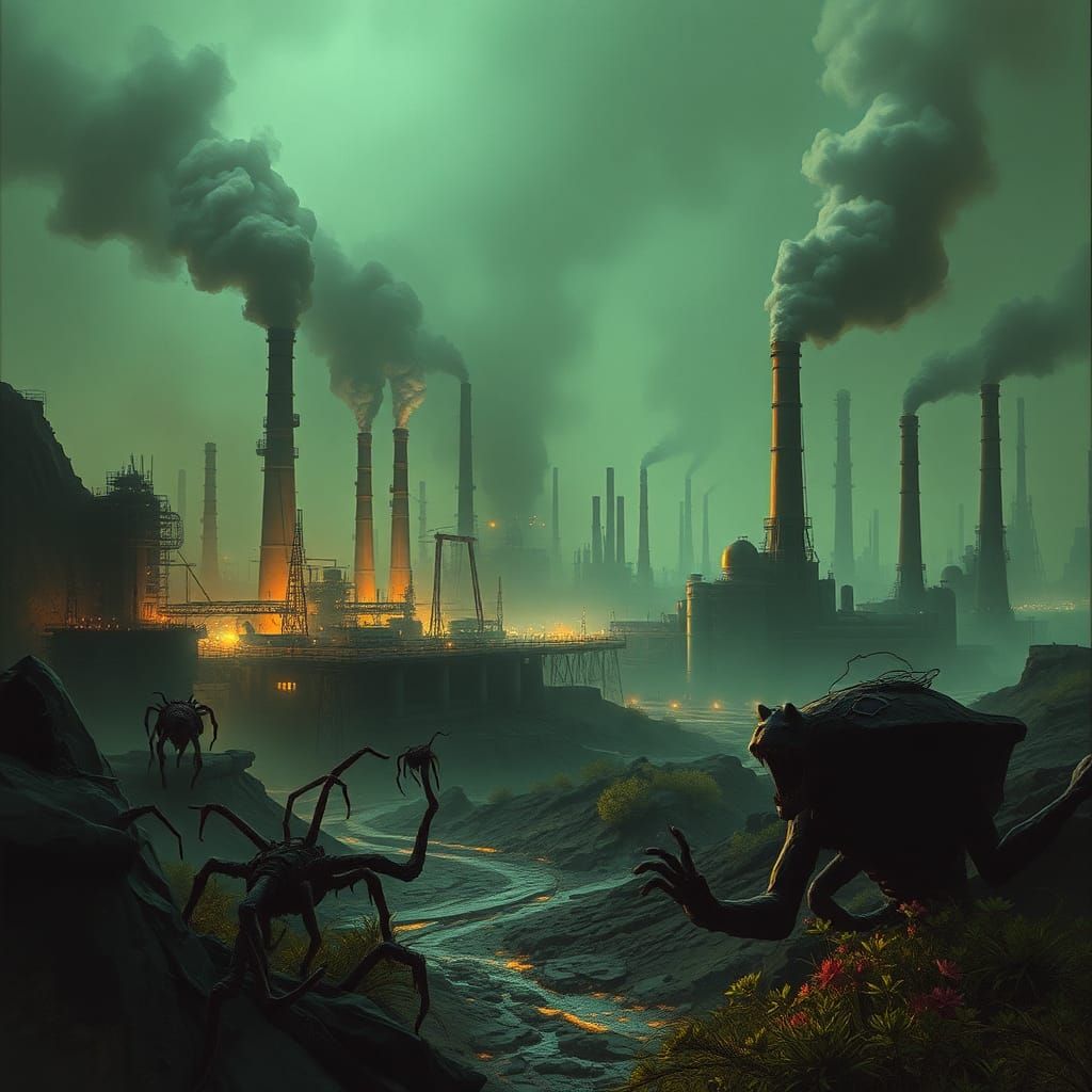 Dystopian Landscape with Toxic Wasteland in Neon Lights