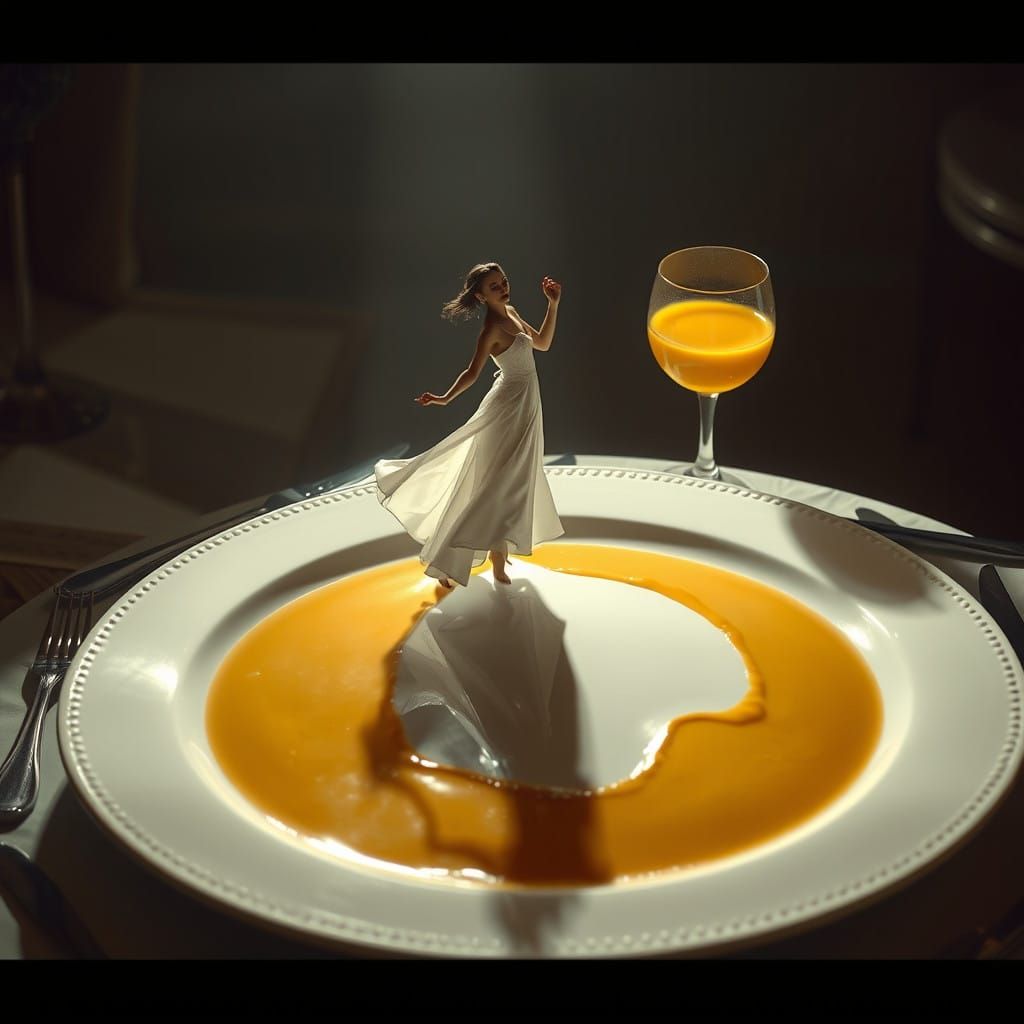 Surrealistic Scene of Heroic Woman on Colossal Plate in Hype...