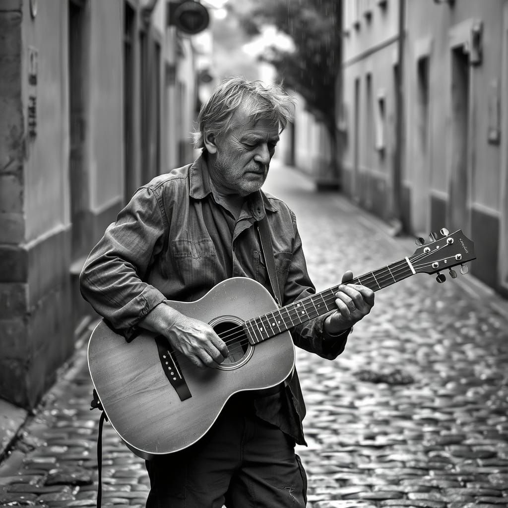 Guitarist Strums Under Rainy City Streets