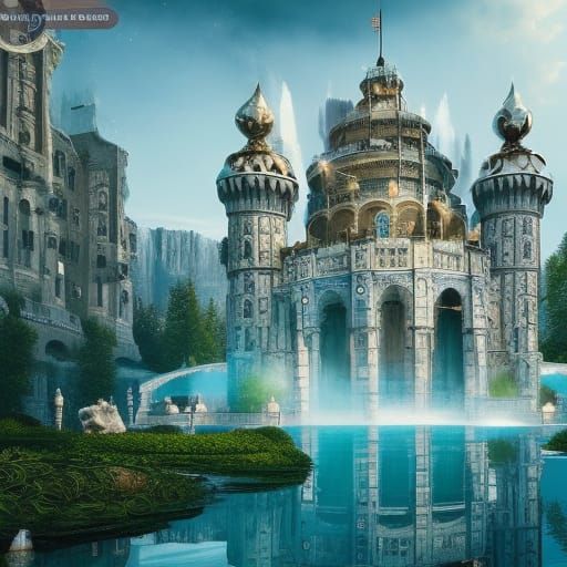 Futuristic Marble Castle on Teal River, Photorealistic Paint...