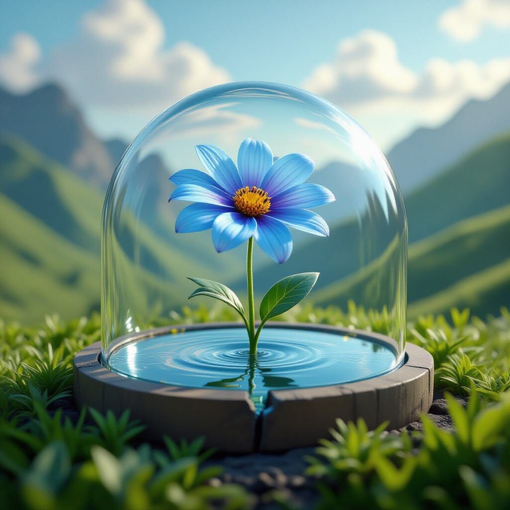 Iridescent Flower Sprouts Through Glass Dome in Photorealist...