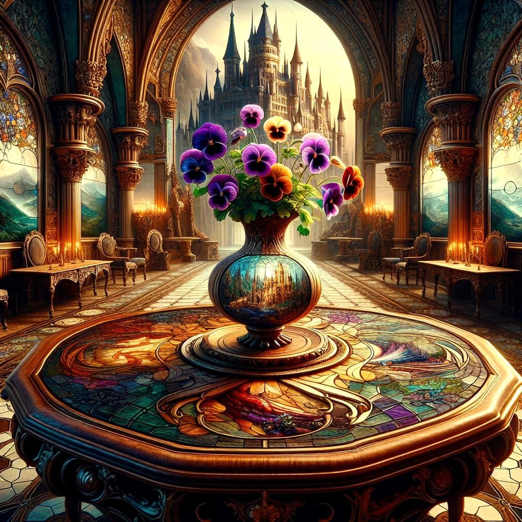 Antique Mansion with Pansies in Stained Glass Vase