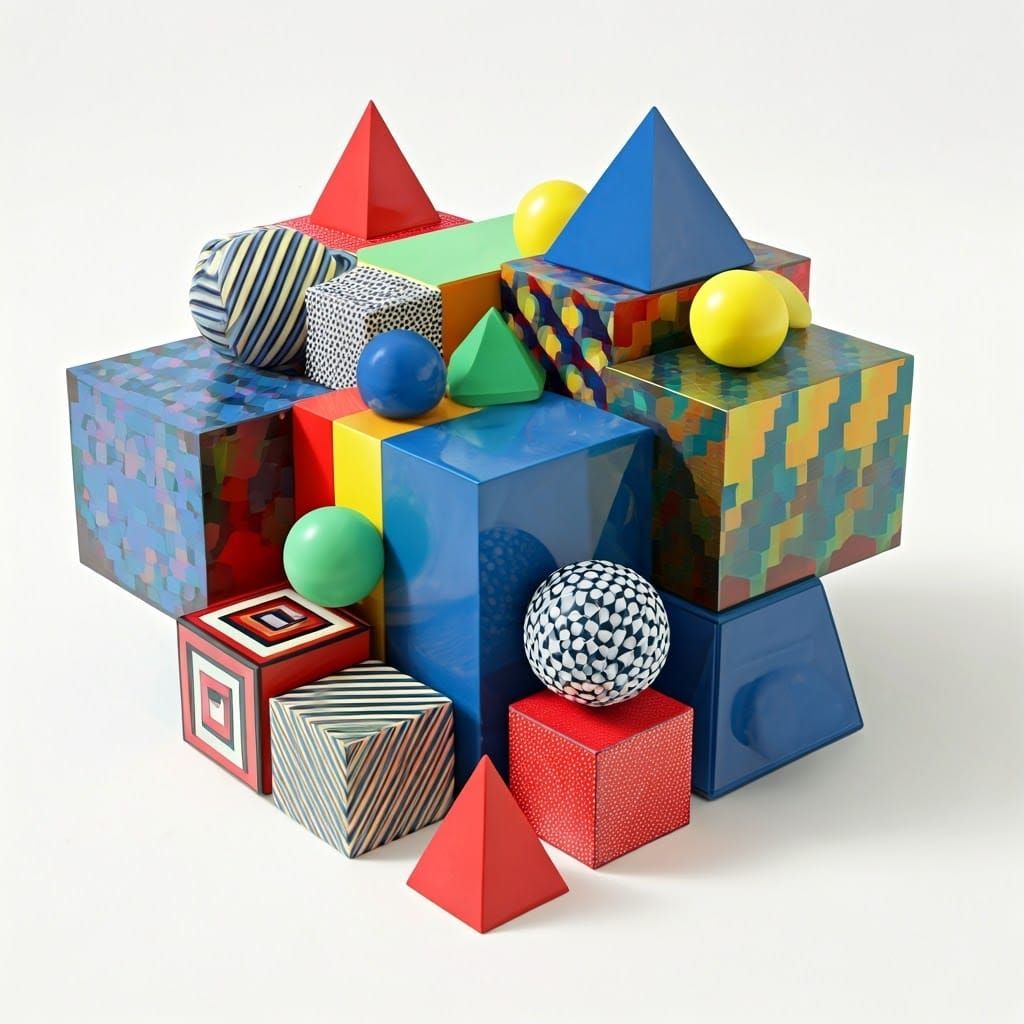 Vibrant Geometric Sculpture Composition in Bold Colors