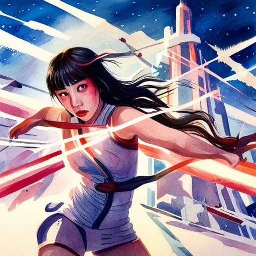 Futuristic Japanese Girl Fighting in Watercolor Style