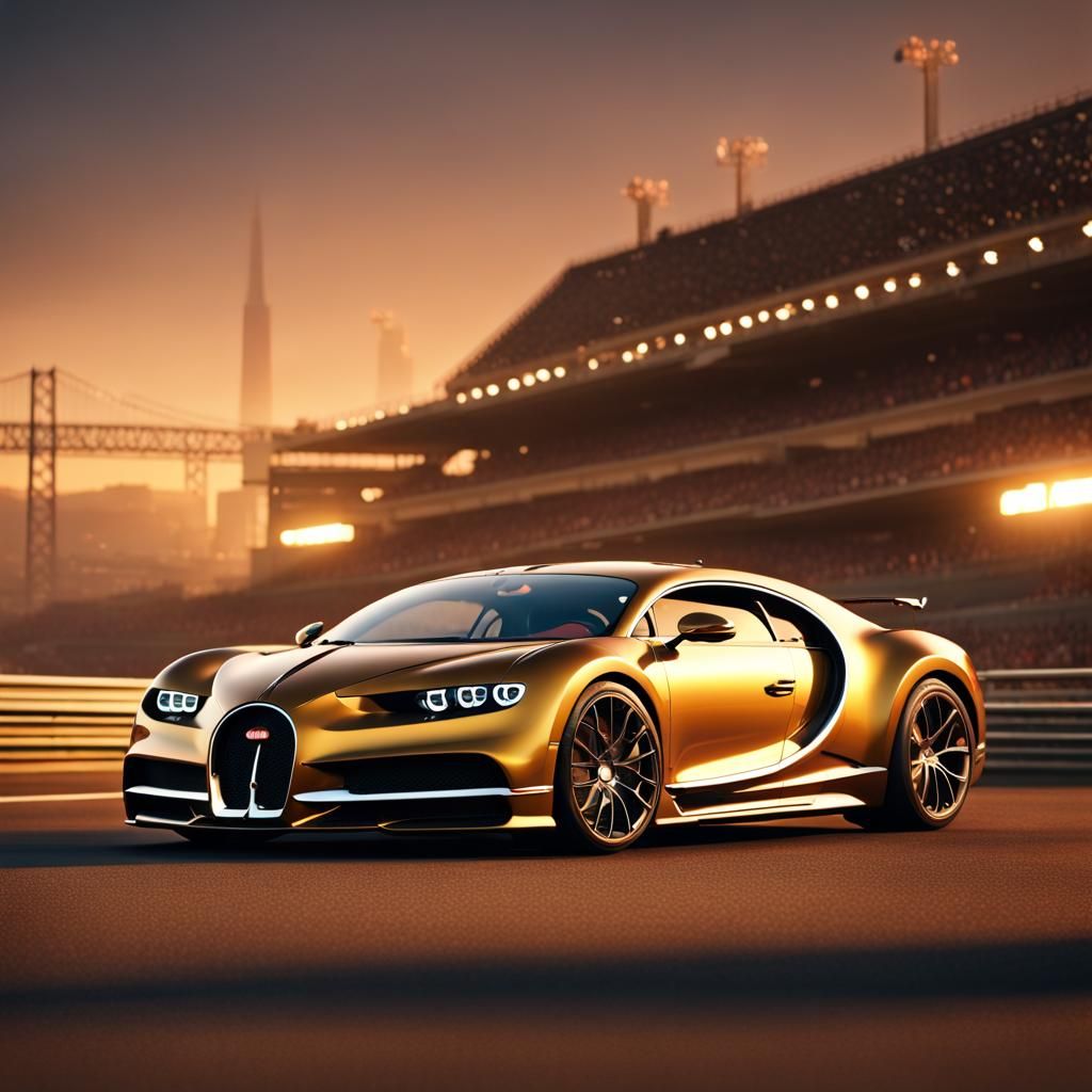 Gold Bugatti Chiron on San Francisco Racetrack