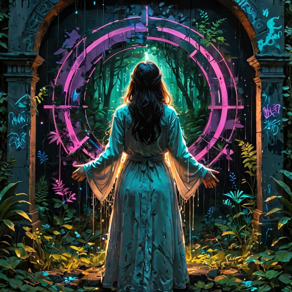 Surreal Urban Portal to Lush Forest in Glitchcore Style