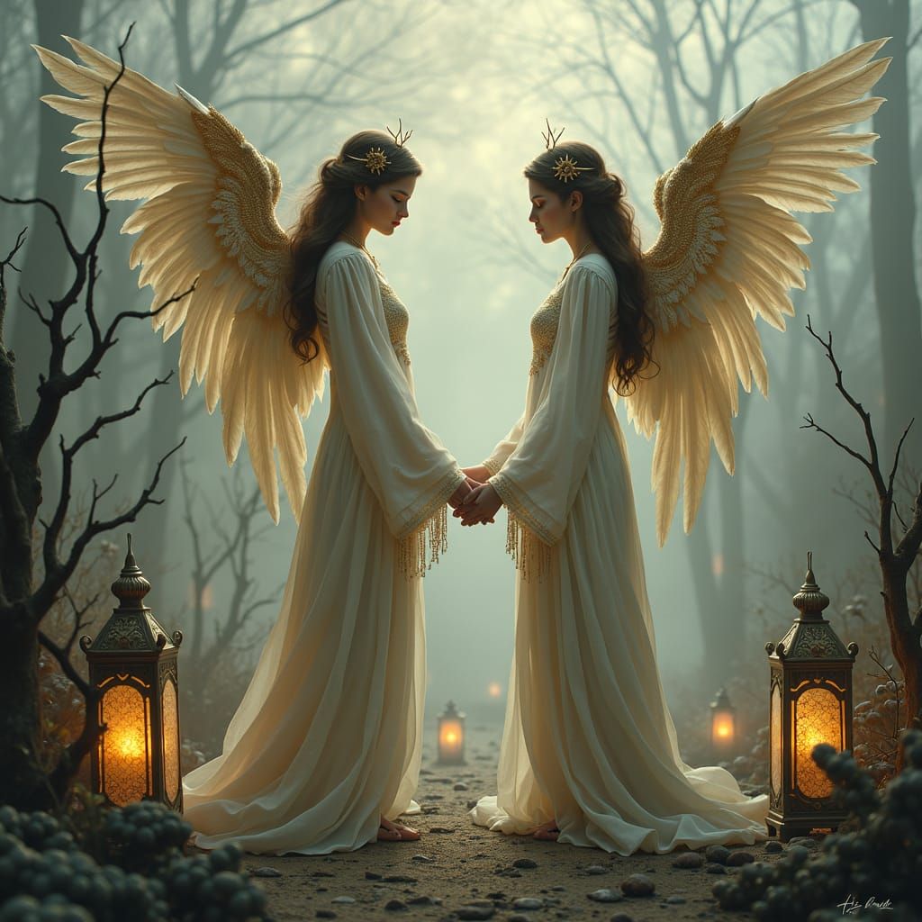 Ethereal Angels in Mystical Landscape with Art Nouveau Elega...