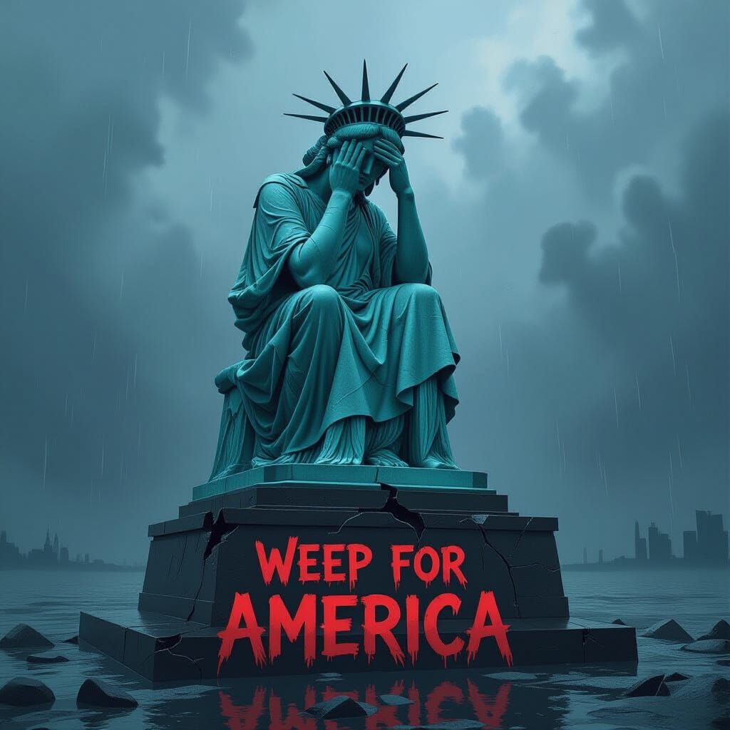 Statue of Liberty Crying in Dystopian Landscape
