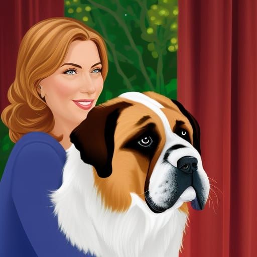 Housewife and Saint Bernard Portrait in Cel-Shading Style