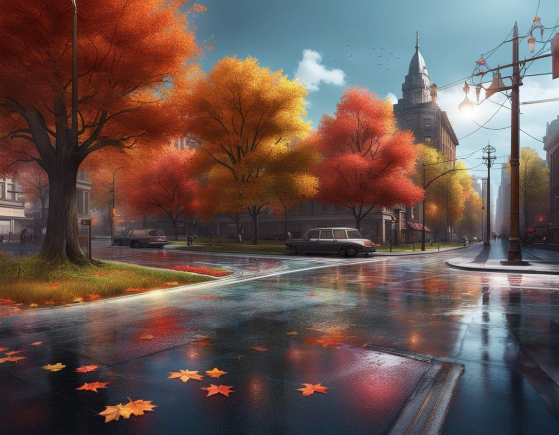 Sunny City Street Corner in Detailed Matte Painting