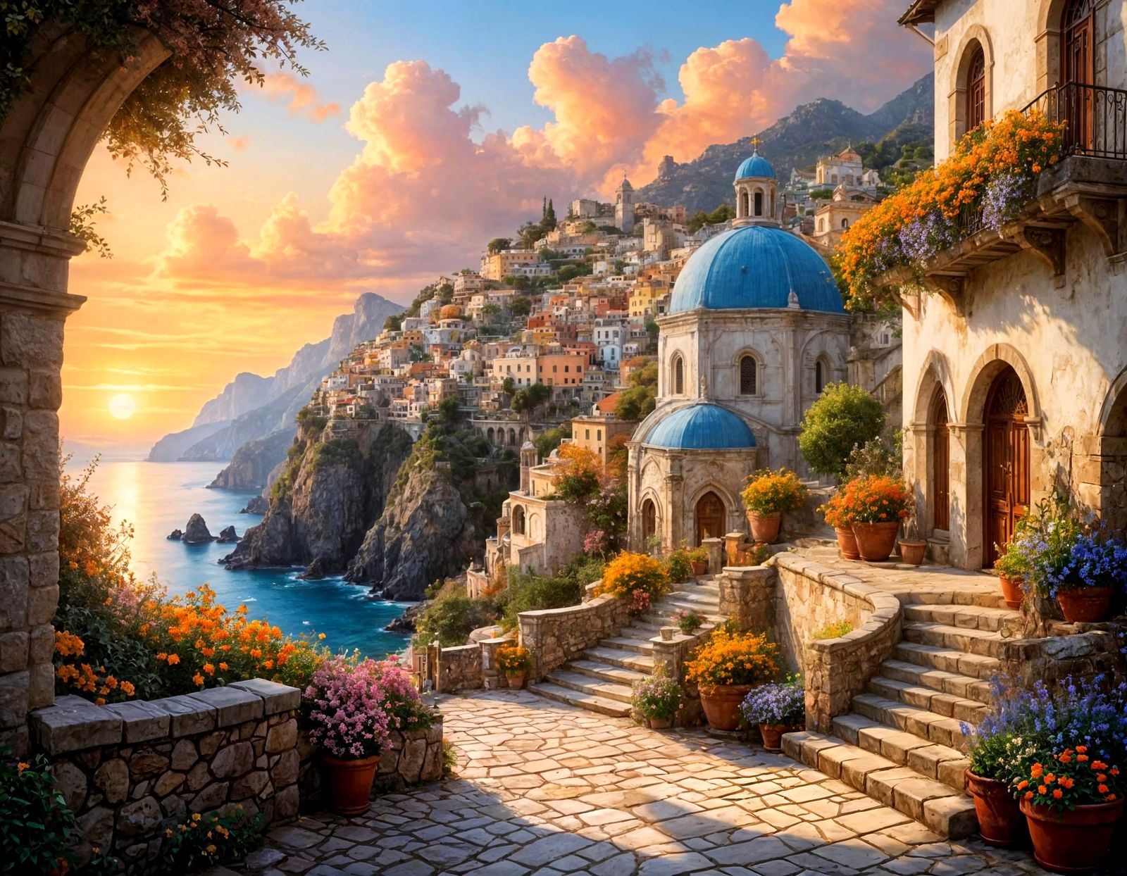 Amalfi Coast Sunset in Ethereal Alcohol Ink Style