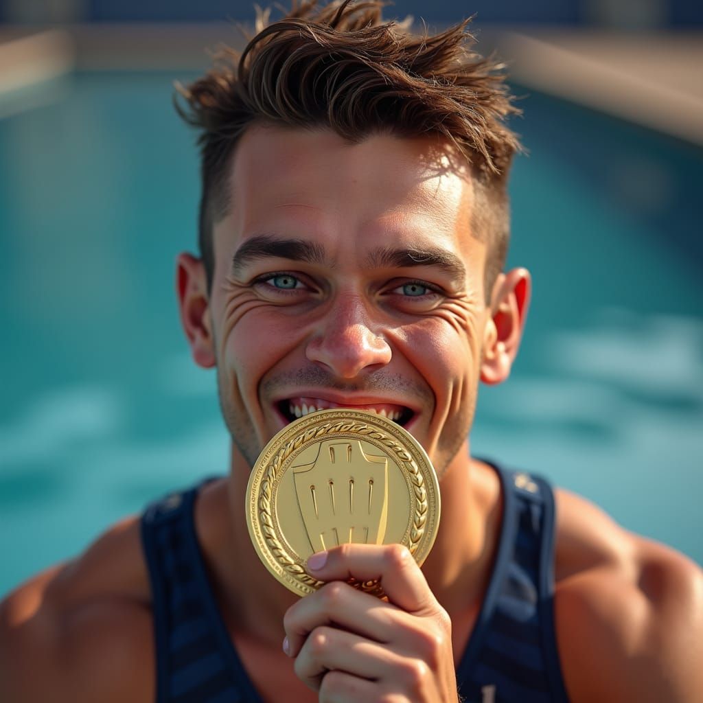 Triumphant Athlete Biting Gold Medal in Hyperrealism